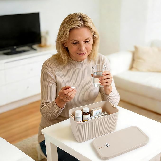 Small Lock Box for Medicine, PLUS Size, Medication Lock Box with Code, Lockable Storage Box for Pills, Snacks, Personal Items, Fridge, Home, Office, Beige