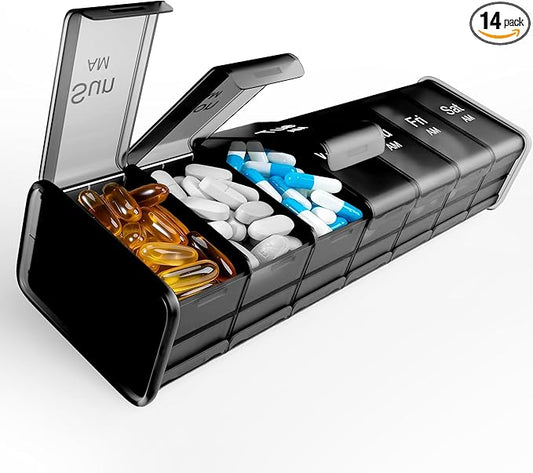 Extra Large Pill Organizer - XXL Vitamin Holder for Weekly Supplements - Double Sided Pill Box 7 Day with Big AM PM Compartments Huge Daily Medicine Dispenser 2 Times a Day Reliable and Easy-to-Use