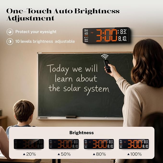 16" Large Digital Wall Clock with Remote Control, Large Display LED Clock for Classroom, Bedroom, Living Room, Gym, Office, Garage with Date, Week, Alarm, Temp, Night Light