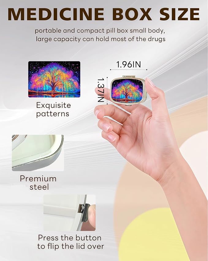 LRITER Pill Case, 2 Compartment Portable Small Travel Pill Organizer for Purse and Pocket, Stylish Medicine Case with Multiple Patterns, Daily Pillbox for Home & Travel (Dream Tree)