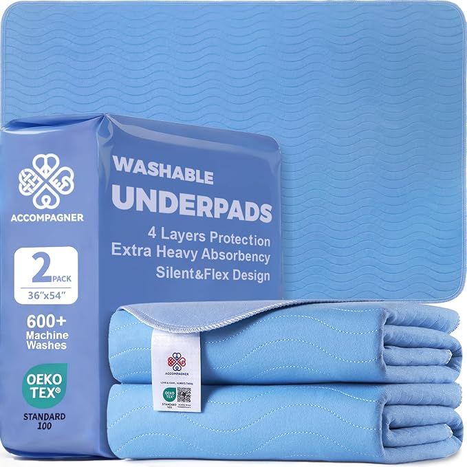 Accompagner Incontinence Bed Pads Washable Waterproof, Ultra-Absorbent Reusable Underpads for Diaper Changing, Nursing, Bedridden, Adults, Seniors, Kids and Dogs (Blue, 36"x54"(Pack of 2))