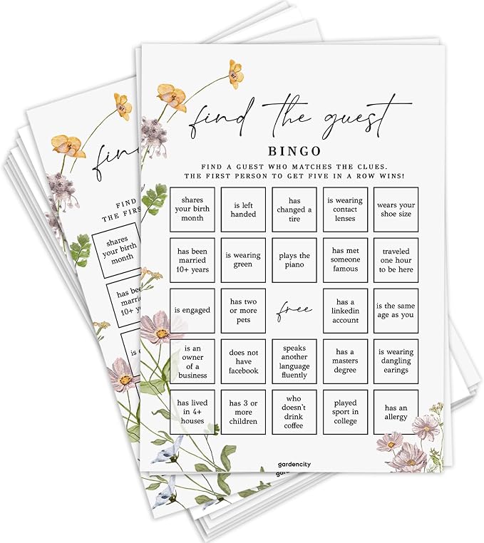 GardenCity Find The Guest Bingo Game Cards, Bridal Shower Games, Baby Shower Bingo, Wedding Game, 50 Cards - Wildflower