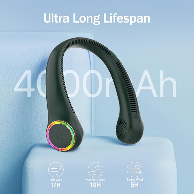 Portable Neck Fan, Personal Fan with 4000mAh Battery, Rechargeable Neck Fan with 3 Speeds and 64 Cool Lights, Birthday Gifts for Men Women Mom Dad, Hands Free Cooling fan for Summer(Dark Green)