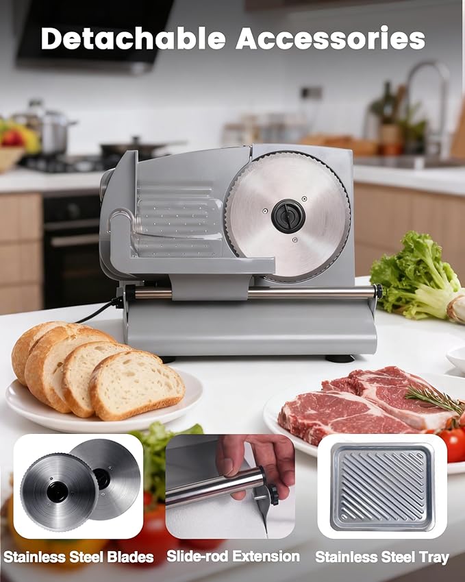 Meat Slicer Machine for Home - 200W Electric Food Slicer with 2 Removable 7.5" Stainless Steel Blades and Tray, Adjustable and Child Lock Protection, Slicer Machine for Meat Bread
