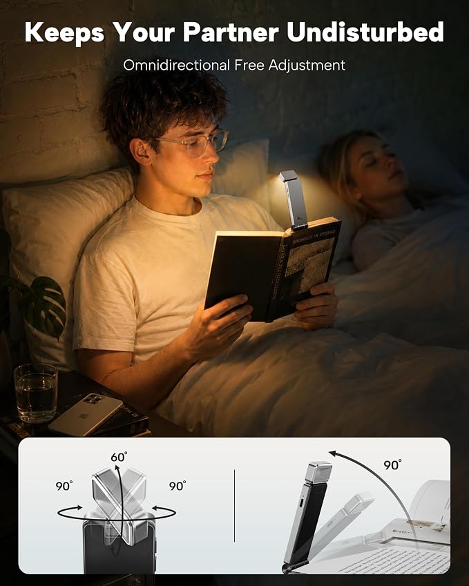 86lux Book Light, Rechargeable Clip-On LED Reading Light for Bed | 3 Color Temperatures with Stepless Dimming, Ultralight Bookmark Design for Book Lovers, Silver
