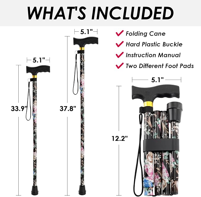 Walking Cane PANZHENG Cane for Man/Woman | Mobility & Daily Living Aids | 5-Level Height Adjustable Walking Stick | Comfortable Plastic T-Handle Portable Walking Stick Folding Cane