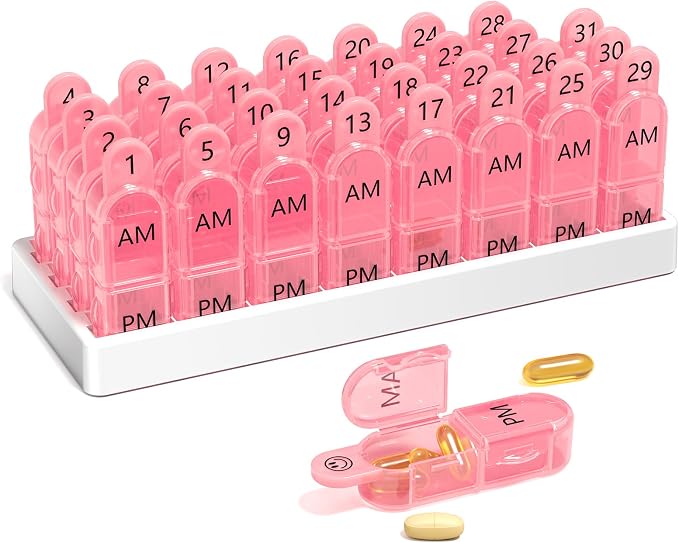 Daviky Monthly Pill Organizer 2 Times a Day - 30 Day Pill Box AM PM, BPA Free One Month Medicine Organizer Twice Daily, 31-Day Case to Hold Vitamins, Supplements & Medication, Pink