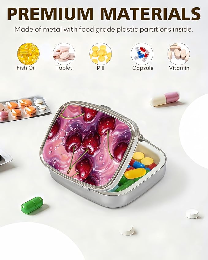 LRITER Pill Case, 2 Compartment Portable Small Travel Pill Organizer for Purse and Pocket, Stylish Medicine Case with Multiple Patterns, Daily Pillbox for Home & Travel (Cherry)