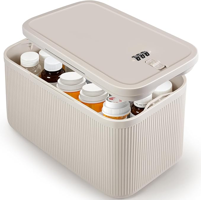 Medicine Lock Box with Code,Taller Size Small Lock Box with Combination Code for Medication Safe,Lock Box for Pills/First Aid Kit/Snack/Ipad Mini,Locked Container for Home/Office 9.4X5.5X5.7inch Beige