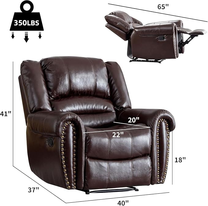 Leather Recliner Chair, Classic and Traditional Manual Recliner Chair with Comfortable Arms and Back Single Sofa for Living Room, Brown