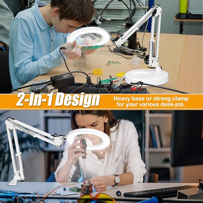 10XMagnifying Glass with Light and Stand (No Acrylic Lens), 2-in-1 Lighted Magnifier with Clamp, 5 Color Modes Dimmable LED Desk Lamp Hands Free for Painting Craft Sewing Hobby Close Work White