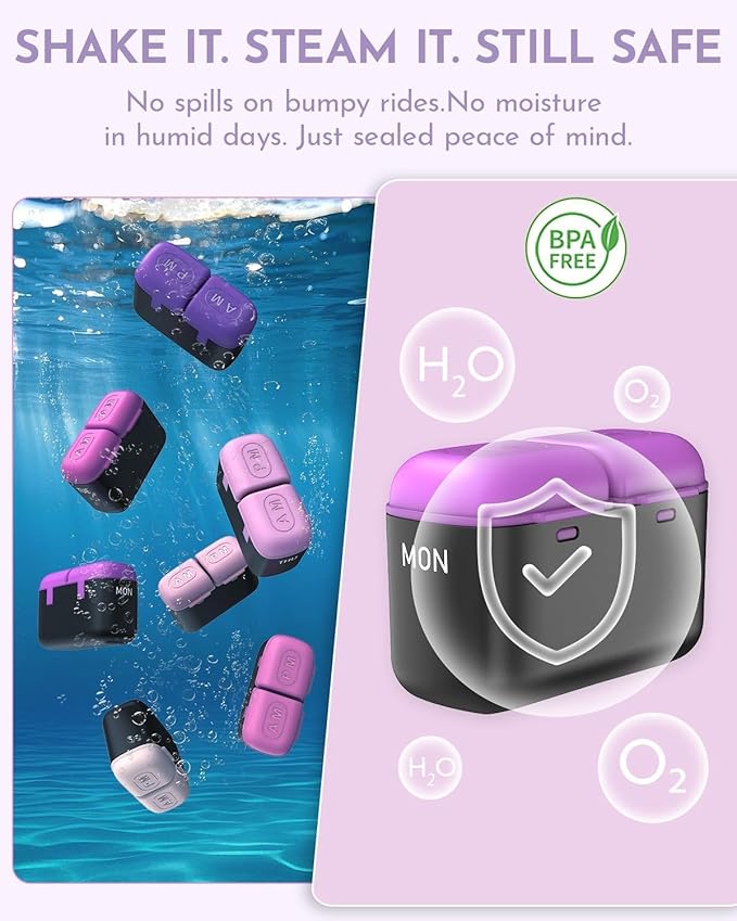 Weekly Pill Organizer, 7 Day Travel Medicine Pill case with Moisture-Proof Silicone Lid, Large AM PM Daily Pill Organizer 2 Times a Day for Vitamins & Supplements, Secure Zipper Pill Box(Purple)