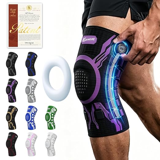 Kuangmi Knob Knee Brace for Pain Relief, Knee Support with Patella Gel Pad & Side Stabilizers, Compression Knee Sleeve for Workout, Arthritis, Joint Pain, Meniscus Tear (Purple Black,Left,XX-Large,Single)