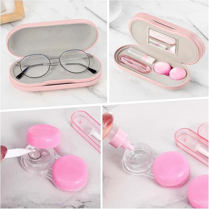 MoKo Double Eyeglass Case, Contact Lens Case with Mirror Tweezers Remover, 2 in 1 Double Sided Portable Contact Lens Box Holder Container Soak Storage Kit Sunglasses Pouch for Men & Women, Pink