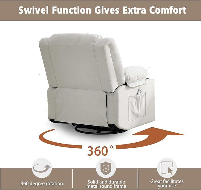 Ketaiyou Swivel Rocker Recliner Chair for Adults with Massage and Heat, Cup Holders and Side Pockets, Glider Rocking Reclining Single Sofa Chair for Living Room(Beige2)