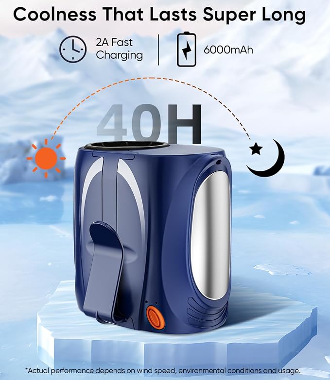 Tedajo AI Portable Waist Fan, 6-Speed 16000RPM Strong Turbo Airflow, 40H Max Cooling Battery Powered Personal Fan Rechargeable, Hands-Free for Work, Outdoor, Travel, Gift for Men - Blue