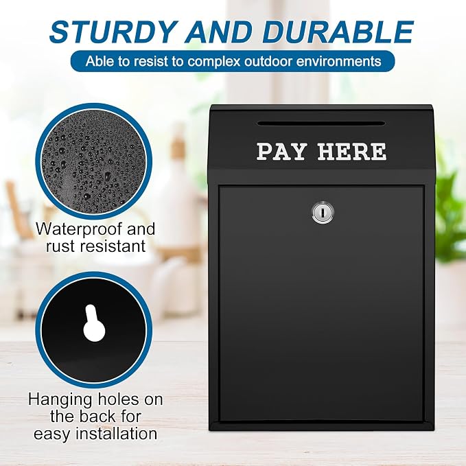 Yaocom Safe Metal Cash Box for Farm Stand – Money Drop and Secure Donation Collection, Wall Mount Lockable Unit with Pre Drilled Holes for Outdoor Self Serve(Black,11.8 x 8.6 x 4.7 Inch)