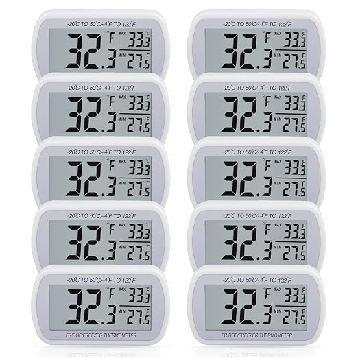 AEVETE 10 Pack Waterproof Digital Refrigerator Thermometer for Freezer Room | Fridge thermometer with magnetic Back large LCD, no Frills easy to read