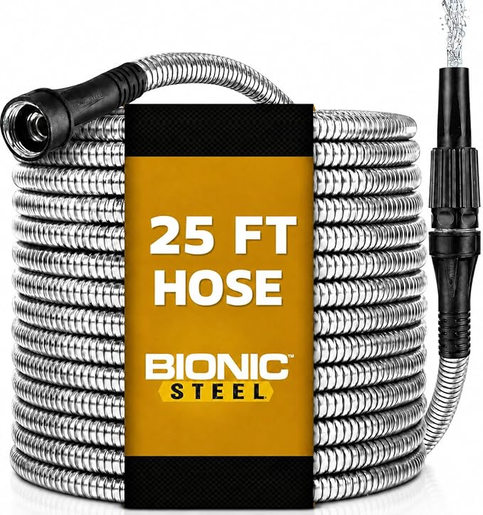 BIONIC STEEL 25 Ft Metal Garden Hose with Sprayer Nozzle | Non Kinking Design, Stainless Steel Heavy Duty Water Hose 25Ft x 5/8 in. Flexible & NON Expandable for Water Flow, 500 PSI