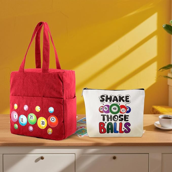 Bingo Bags with Pockets on Clearance, Bingo Bag with Zipper and Polyester Bingo Daubers Makeup Bag, Bingo Bags and Accessories Tote Gifts Game Suitable for Women and Girls (Red)