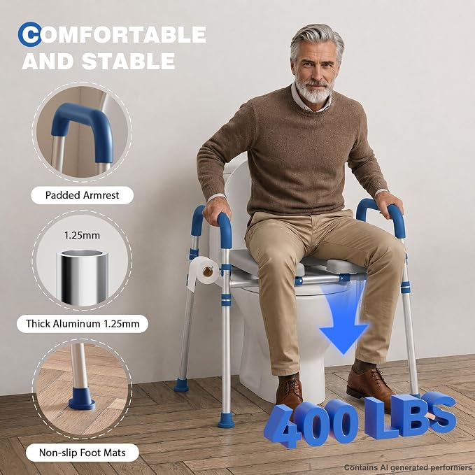Raised Toilet Seat with Handles, Blue | Adjustable Height & Width, 400lbs Capacity, Padded, For Seniors, Disabled, Post-Surgery, Fits Most Toilets