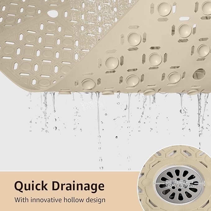 Yolife Square Shower Mat, 27" x 27" Large Shower Mat with Drain Hole in Middle, Soft TPE Non Slip Shower Mats for Inside Shower with Suction Cups, Anti Slip Washable Shower Floor Mat, Brown