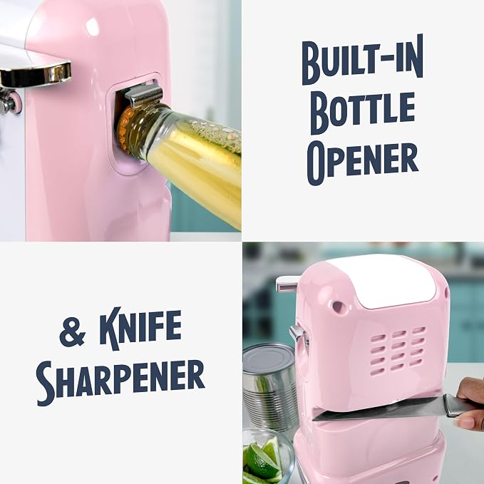 Nostalgia Retro Electric Can Opener for Kitchen with Magnetic Lid Remover, Knife Sharpener, and Soda or Beer Bottle Opener, Pink