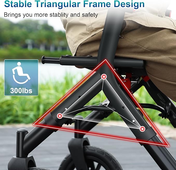 Rollator Walker with Seat, Tall Walkers for Seniors, 12" Big Rubber Wheels All Terrain Rollator Walker with Backrest, Built-in Cable, Foldable and Dual Adjustable Height for 5.3-7ft, Black