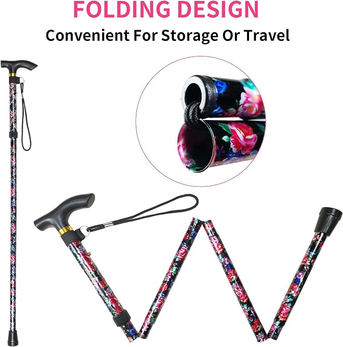 Folding Canes for Men and Women, Floral | 5-Level Adjustable Height, Lightweight Collapsible, Aluminum, Wrist Strap, T Handle, Walking Sticks for Seniors Adults