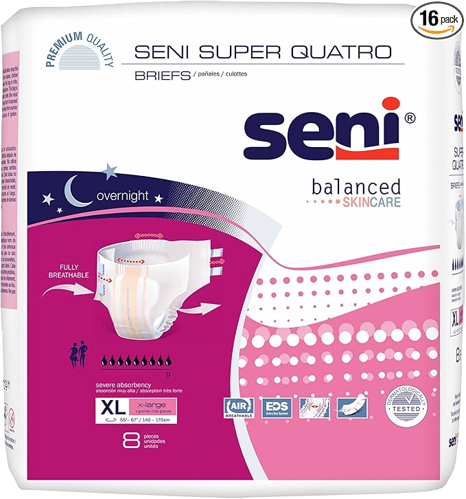 Seni Super Quatro Unisex Adult Incontinence Briefs with Tabs, Size X-Large (55"-67"), 16 Count (2 Packs of 8), Severe Absorbency, Disposable Overnight Briefs for Men & Women