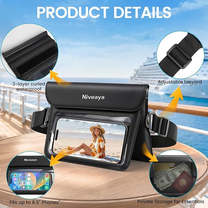 Niveaya Double Space Waterproof Fanny Pack, IPX8 Waterproof Dry Bag Waist Pouch for Beach, Kayaking, Swimming, Boat Travel Essentials, Waterproof Phone Bag & Passport Holder for Women Men(2 Pack)