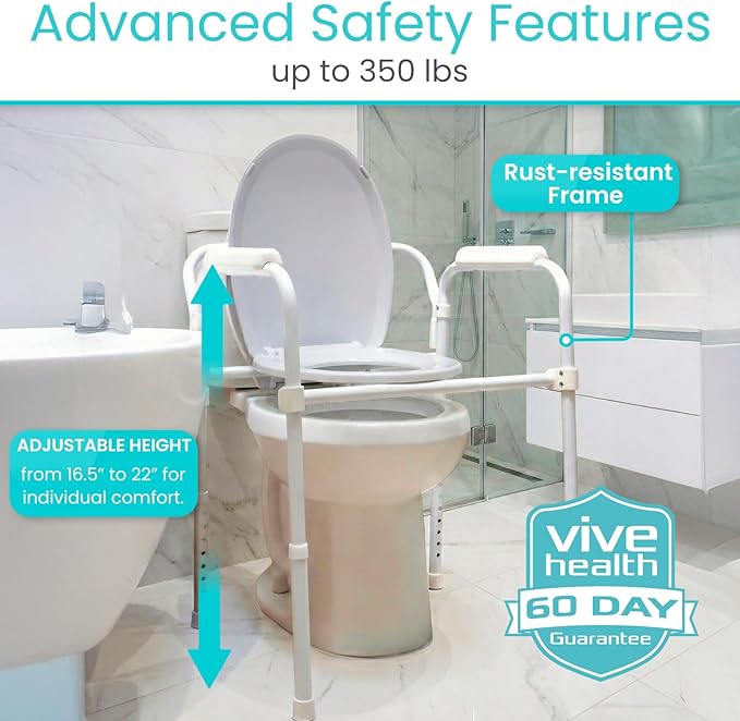 Vive Bedside Commode Toilet Chair (Folding) - 350 lb Capacity, Safety Rail, Shower Chair - 3 in 1 Heavy Duty Bariatric Bucket with Padded Arms, Tight Lid – Portable Seat for Home - Steel