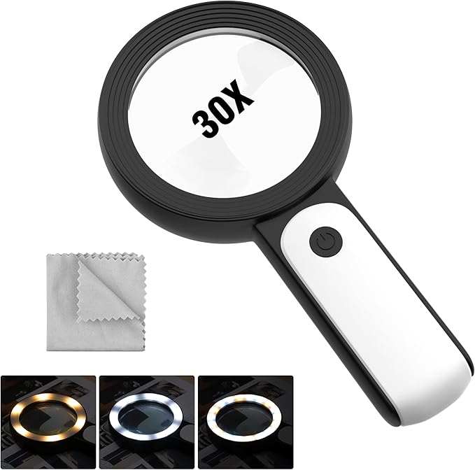 MoKo 30X Magnifying Glass with Light for Close Work,Reading,Coins,Jewelry | Handheld Magnifying Loupe,18LED 3 Modes Illuminated Lighted Magnifier,Gifts for Seniors,Kids,Low Vision,Black