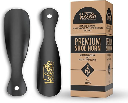 Velette Metal Shoehorn - 2 Pack 7.5" Long Shoe Horn, Travel Shoe Horn for Kids, Men & Women - Stainless Steel Shoes Helper, Spoon, Travel Size Shoehorn for Boots, Shoes, Sneakers & Heels - Black