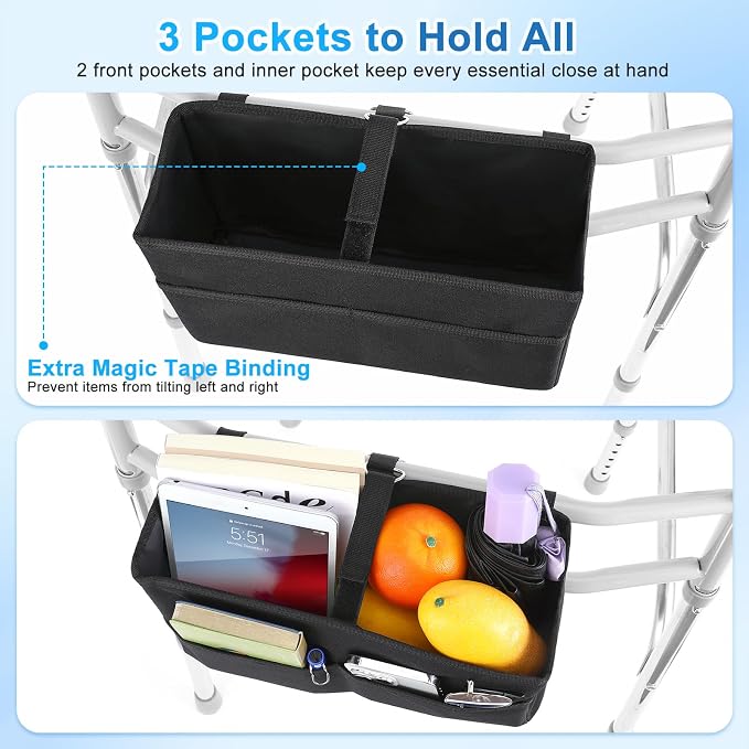 Rhino Valley Walker Basket for Walkers Accessories for Seniors,Black | Basket for Walkers with Multi Pockets, Hand-free Carry Pouch Storage Bag Walker Accessories for Universal Walkers for Seniors