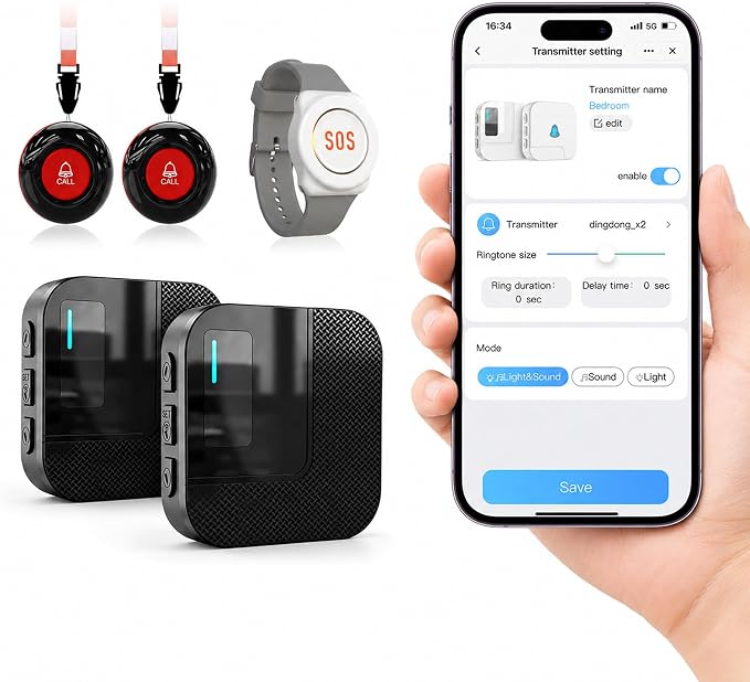 SanJie WiFi Caregiver Pager with Remote App Alerts & Family Sharing, IP55 Water-Resistant Call Button for Elderly at Home, Recovery Care & Night Care, 110dB Loud Alarm & 20 Chimes (Only 2.4GHz Wi-Fi)