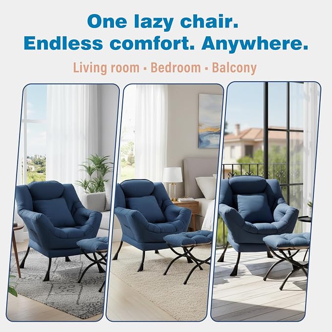 Lazy Chair with Ottoman, Comfy Reading Chair for Bedroom, Blue | Comfy Bedroom Accent Chair with Washable Removable Cover and extra throw pillow for Living Room Dorm