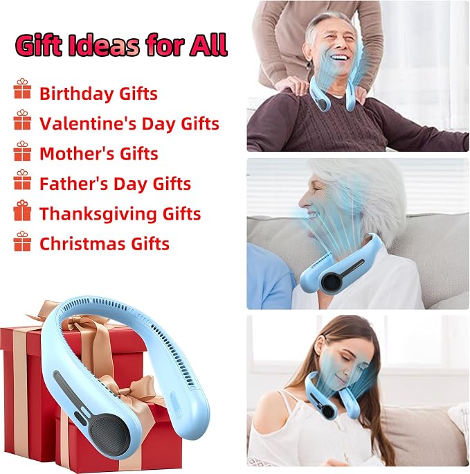 Portable Neck Fan, Personal Wearable Bladeless Fan, 6000mAh USB Rechargeable, 360° Airflow, LED Display, 4-Speeds, Hands Free Fan for Outdoor Indoor, Birthday Gifts for Men Women Dad Mom (Light blue)