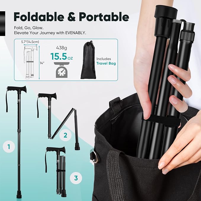 Enhanced Walking Cane (Thicker & Longer) - Foldable, Adjustable, Collapsible, Spare Tip, with Travel Bag | Versatile Walking Stick for Every Height, Weight, Seniors & Adults