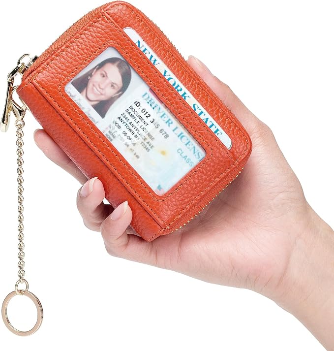 imeetu RFID Credit Card Holder, Small Card Wallet Women, Leather Card Case | Genuine Leather Women's Card & id Cases, Change Coin Purse with Zipper Keychain id Window, 20 Colors & 3 Styles, Daily, Gifts