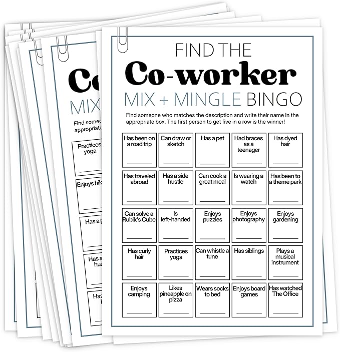 Team Building Games for Work Adults – Find Someone Who Bingo Game, 25 Unique Human Bingo Cards 5x7 Inch, Ice Breaker & Office Games for Parties, Meetings & Events - A02