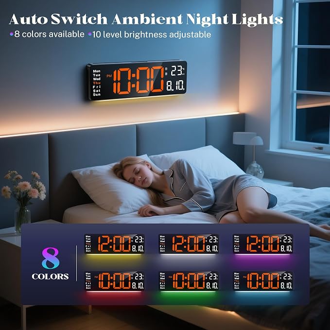 16" Large Digital Wall Clock with Remote Control, Large Display LED Clock for Classroom, Bedroom, Living Room, Gym, Office, Garage with Date, Week, Alarm, Temp, Night Light