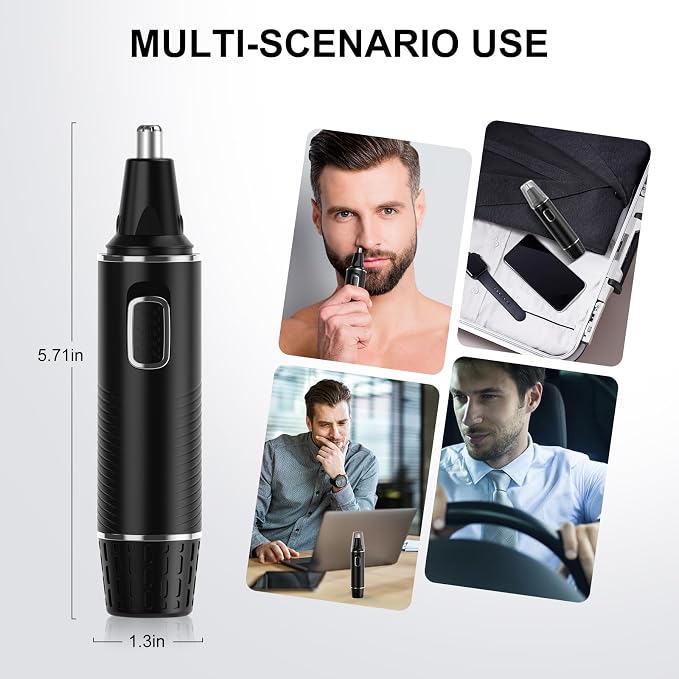 XOOMRSCP Professional Rechargeable Nose Hair Trimmer for Men – 2-in-1 Painless Ear & Nose Trimmer with IPX7 Waterproof Dual-Edge Blades, Also for Eyebrow & Facial Hair (Black Silver)