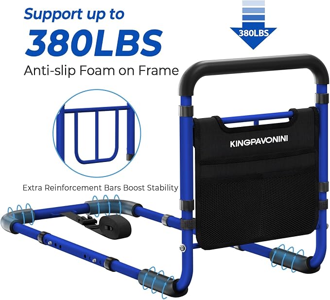 KingPavonini Bed Rails for Elderly Adults Safety, 380 LBS, Model BM03-1 | ASTM Approved, 2026 Upgraded Adjustable Bed Cane, Non-Slip Ergonomic Handle & Storage Bag, Tool-Free Bed Railings for Seniors