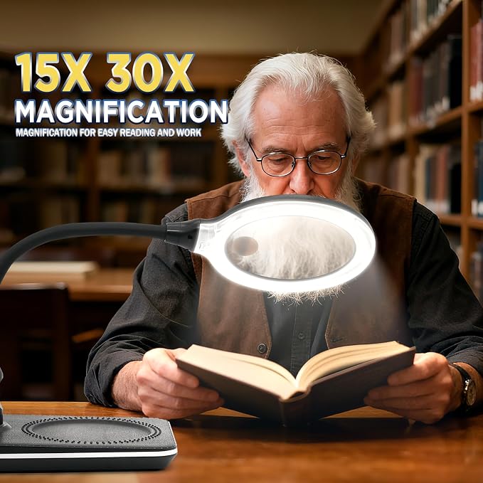 Rechargeable Magnifying Glass with Light and Stand for Reading & Close Work | Dual 15X/30X Lens • 3600mAh Rechargeable • 4.1" Lens • 6 Lighted Modes • Adjustable Brightness • Flexible Gooseneck