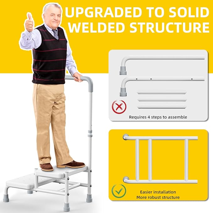 2 Step Stool with Handle Step Stool for Bed with Adjustable Handrail Bed Steps for High Beds for Adults, Seniors, Hold up to 400LBS (White)