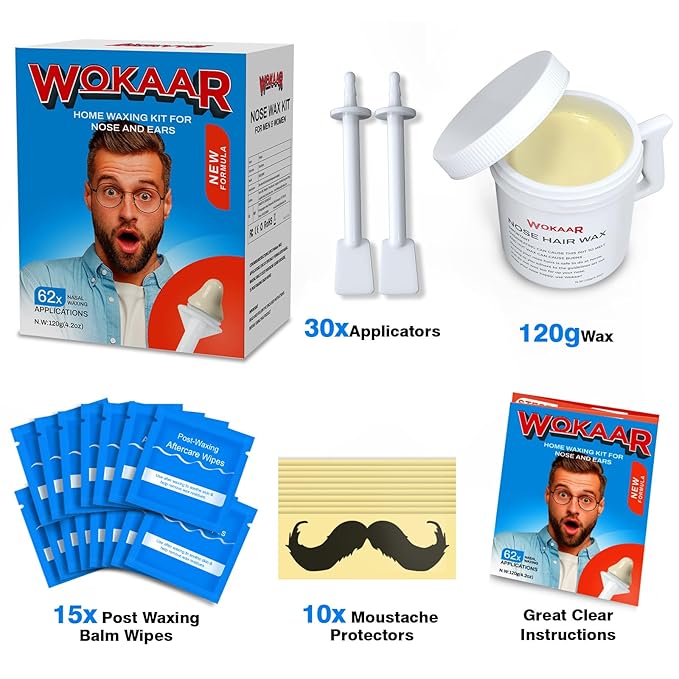 Max Value Nose Wax Kit | 120g Wax, 30 Applicators | Painless Nasal & Ear Hair Removal for Men & Women | Includes 15 Balm Wipes & 10 Mustache Guards | Lasts up to 6 Weeks