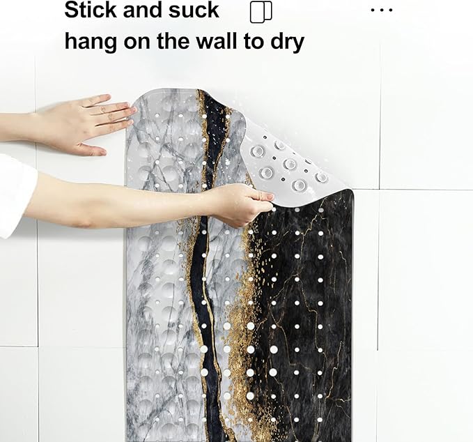 LNOND Marble Bath Tub Mat Non Slip, Extra Long 40 X 16 Inch Anti Slip Mat for Bathtub, Black Grey Marble Shower Mat with Drain Holes and Suction Cups, Machine Washable