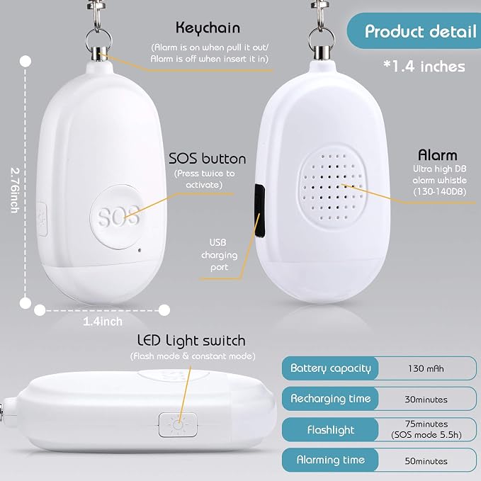 Frienda 4 Pieces Personal Security Alarm Keychain 130 dB Safety Alarm Self Siren Song Keychain with USB Rechargeable LED Flashlight for Women Kids Children Elders Men