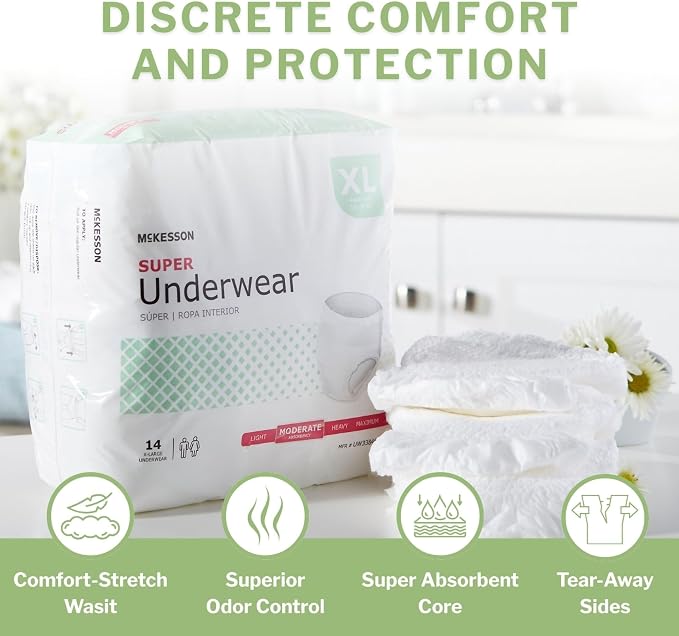 McKesson Super Adult Incontinence Underwear, XL, Moderate, 68 in, 14 ct | Postpartum and Incontinence Support
